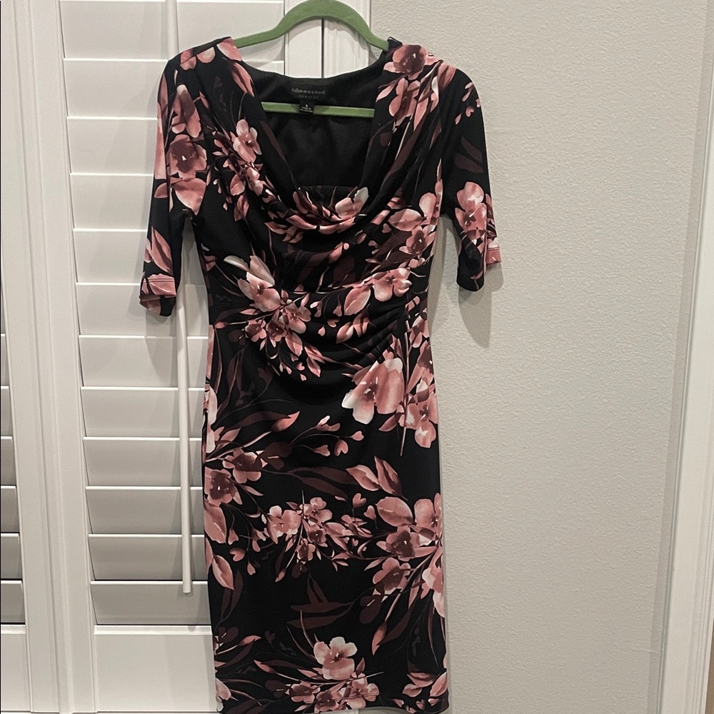 connected apparel Black Midi Dress with Pink Floral Print